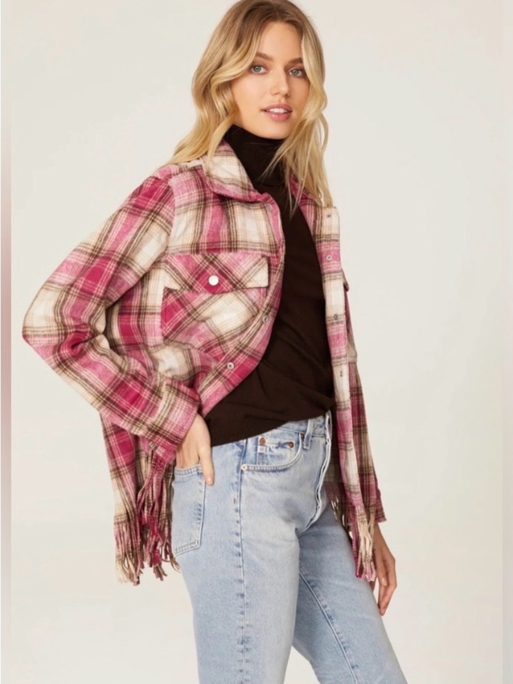 New! BLANK NYC Woodstock Pink Plaid Fringe Detail Shacket Sz Small - Picture 2 of 14